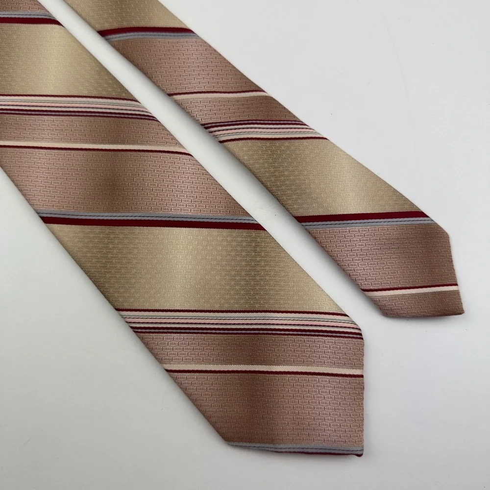 Vintage Gold Burgundy Striped Polyester Necktie Classic Textured Business Tie
